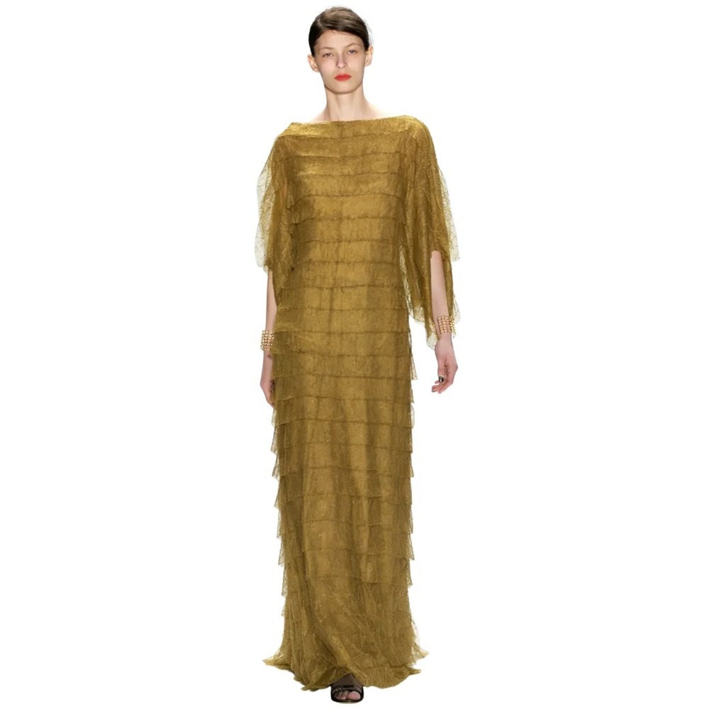Tadashi Shoji Dress Womens 10 Hazel Tiered Lace Flutter Sleeve Gown Runway 2012